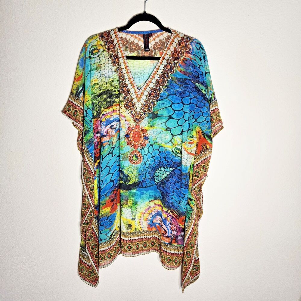 La Moda Kaftan One Size Embellished Semi-Sheer Resort Cruise Colorful Coverup